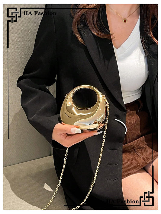 Gold Metallic Chain Mini Crossbody Evening Clutch Bag